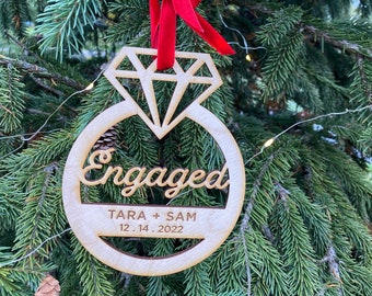 Personalized Engagement Date Ornament, Gift Tag, Wedding Ring, Engaged, Custom, Laser Cut Wood