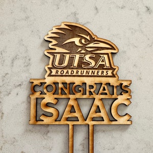 Personalized College Cake Topper, Graduation Gift, UTSA, University of Texas at San Antonio, Roadrunner, Custom, Laser Cut Wood, College