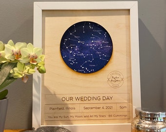 Constellation Night Sky Print with Wood Mat, Stars Chart, Wedding, Anniversary, Newborn, Gift