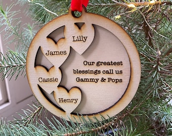 Custom Grandparent Ornament: Laser Cut Birch Wood, Personalized Family Names