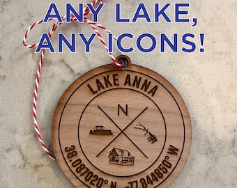 Custom Lake Longitude Latitude Ornament, ANY LAKE, Personalized with Custom Details