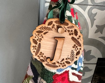 Custom Christmas Wreath Initial Ornament: Laser Cut Cherry Wood Gift Tag