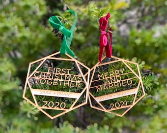 Couple's First Christmas, Personalized Ornament, Gift Tag, Custom, Laser Cut Wood, Wedding, Marriage