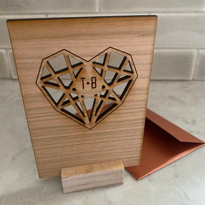 Geometric Heart Wood Card & Envelope [Valentine’s Day, Valentine&#39;s Wooden Card, Wood Card, Wedding Card, Anniversary Card, Personalized]