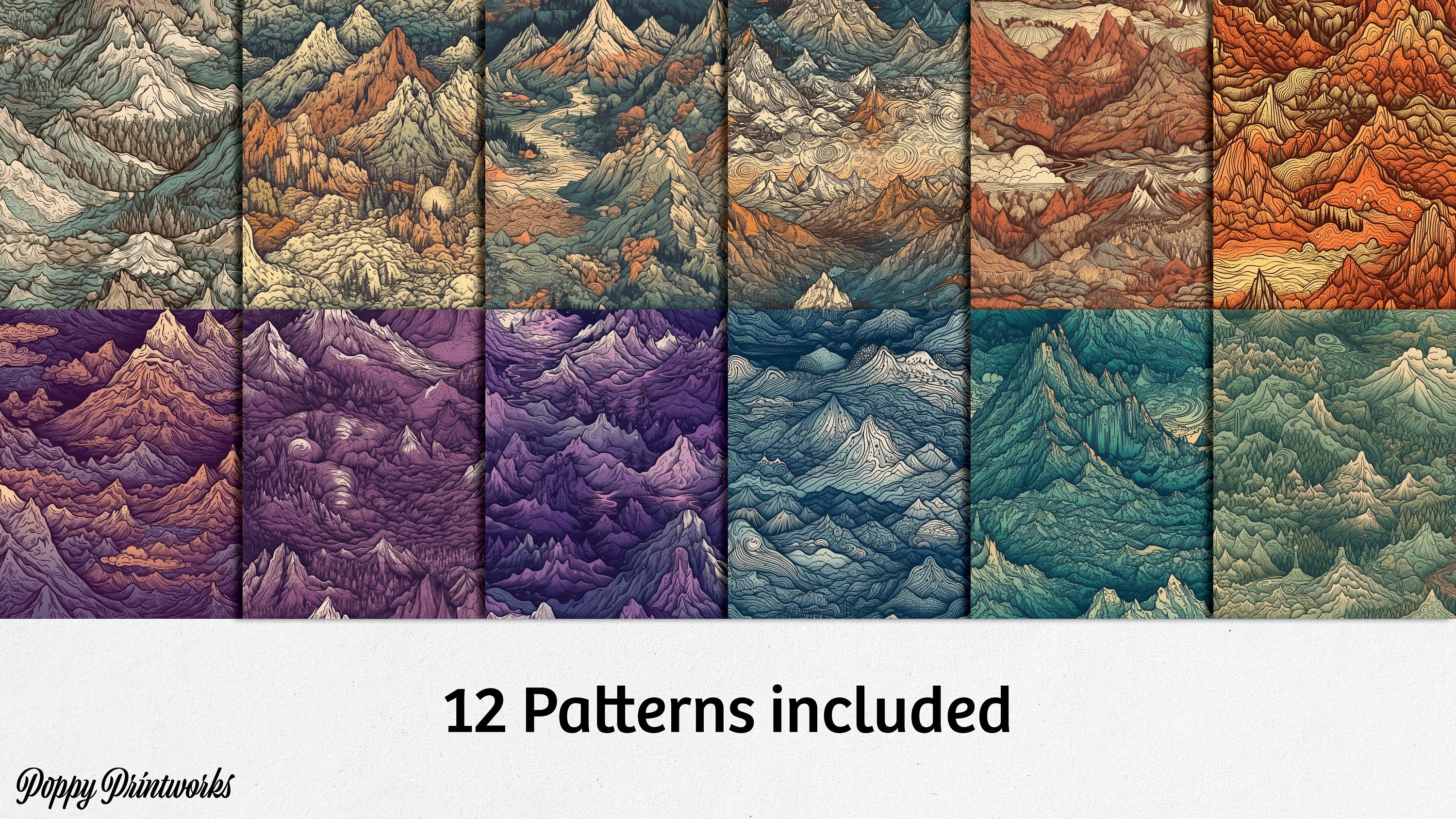 Mountain Pattern Map Hand-drawn Mountain Digital Paper Pack - Seamless Repeating Tile ...