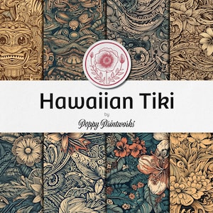 May include: A set of eight digital paper designs featuring Hawaiian Tiki themes. The designs include intricate patterns with flowers, waves, and tiki faces in a vintage style. The papers are perfect for scrapbooking, card making, and other craft projects.