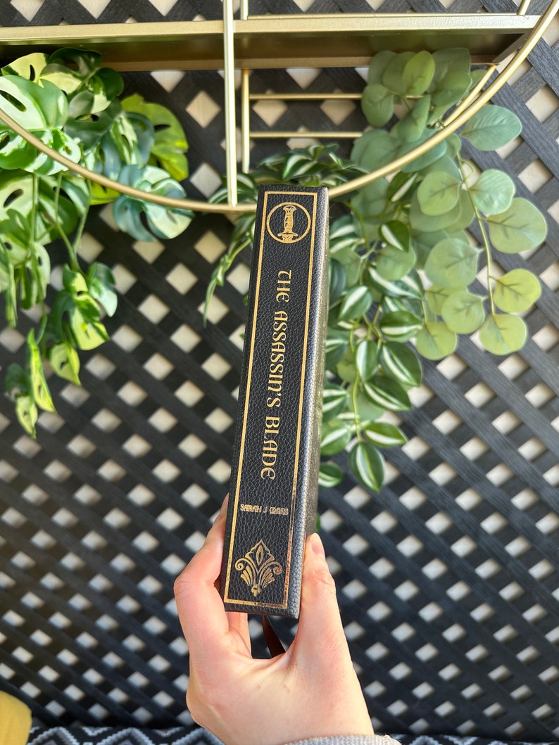 Op de afbeelding: Een zwart lederen gebonden boek met gouden letters. De titel is "The Assassin's Blade" door Jennifer L. Armentrout.