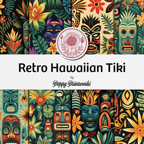 Retro Hawaiian Tiki Design Digital Paper Pack - Seamless Repeating Patterns - 12 Designs, 12 x 12in, Commercial Use - Hawaiian Sublimation