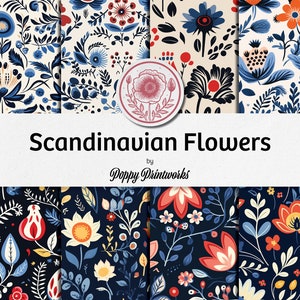 Paquete de papel digital con flores escandinavas - Patrones de mosaicos repetitivos sin costuras - 12 diseños, 30 x 30 cm, uso comercial - Sublimación floral