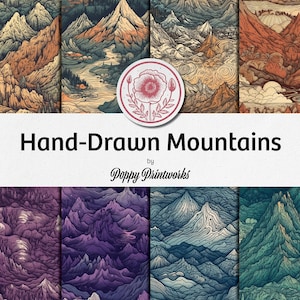 Peut inclure: Un ensemble de 12 illustrations de montagnes dessinées à la main dans différentes palettes de couleurs. Les illustrations présentent un travail de ligne détaillé et une variété de formes et de tailles de montagnes. Les illustrations sont parfaites pour une utilisation dans des projets numériques ou imprimés.