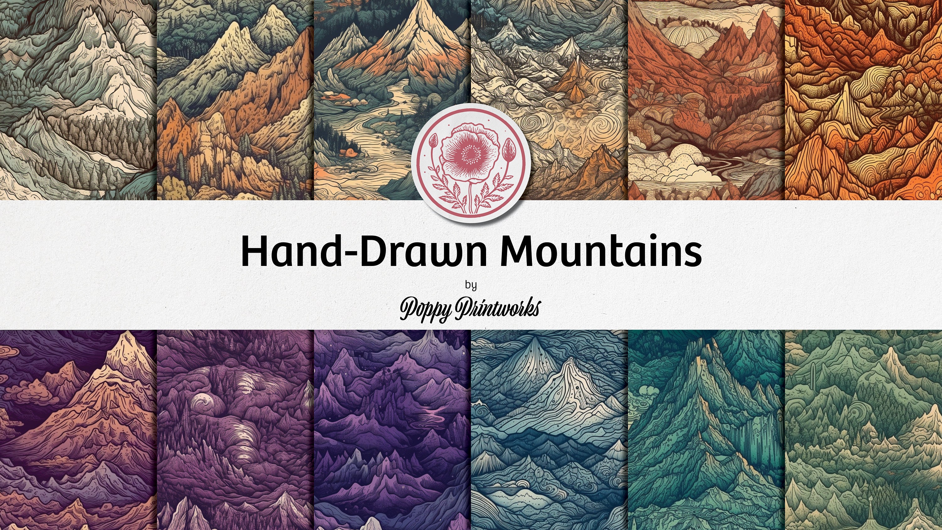 Hand-drawn Mountain Digital Paper Pack - Seamless Repeating Tile ...