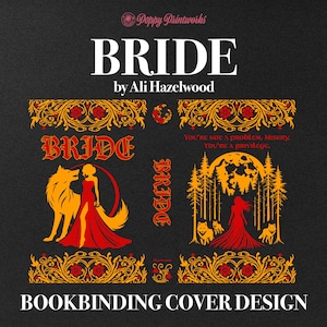 Może przedstawiać: Projekt okładki książki "Bride" autorstwa Ali Hazelwood. Okładka przedstawia czerwony i złoty wzór z kobietą w czerwonej sukni i wilkiem. Tekst "You're not a problem, misery, you're a privilege." jest również zawarty.