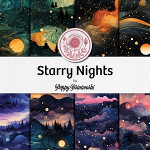 May include: A set of 12 digital paper designs featuring starry night skies with swirling clouds, mountains, and forests in shades of blue, purple, and orange. The papers are perfect for creating digital scrapbook pages, invitations, and other creative projects.