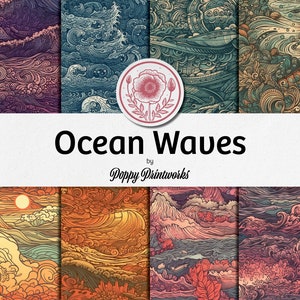 May include: A set of 12 digital papers featuring intricate line art illustrations of ocean waves in various colors and patterns. The papers are perfect for scrapbooking, card making, and other creative projects.  Ocean Waves by Poppy Printworks.