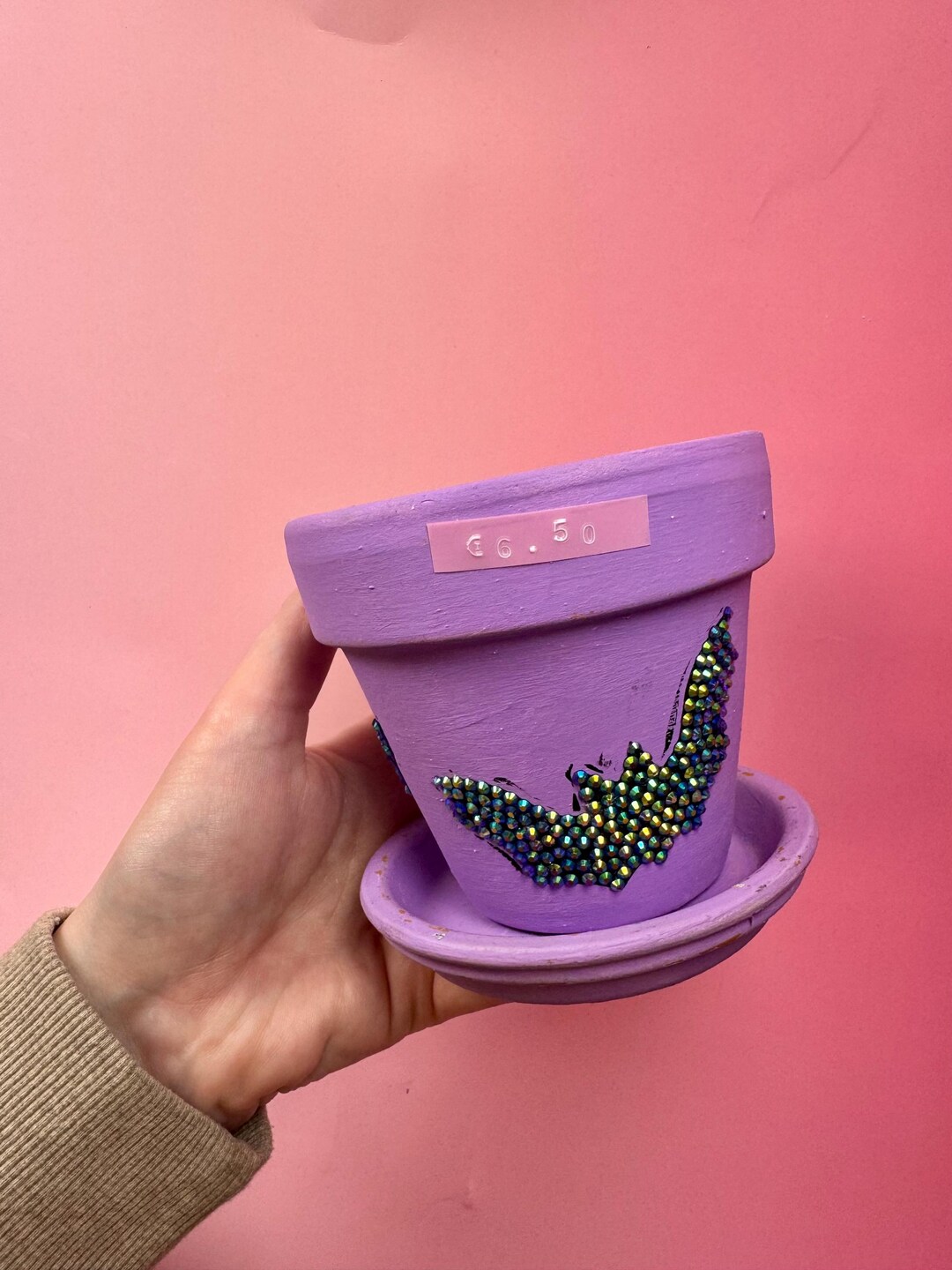Hand-painted Bat Flower Pot With Rhinestone Art • Lilac Terracotta Pot ...