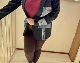 Upcycled Vintage Blazer – Limited Edition Denim Patch Jacket – One of a Kind Black Pinstripe Blazer – Size M/L (EU 42–44)