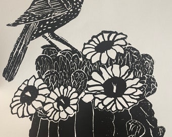 Cactus Wren - Framed Linocut Print