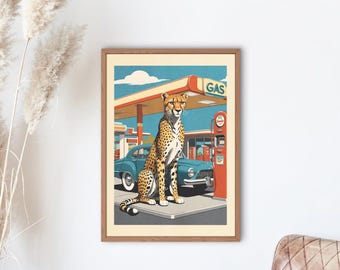 Gas station cheetah print in vintage 50s style - Versatile for wall decoration, textile designs and more. DIGITAL