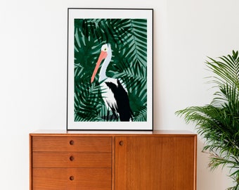 Pelikan  Poster Plakat Tiere Vögel Wald Natur Dschungel Monstera Blätter A3
