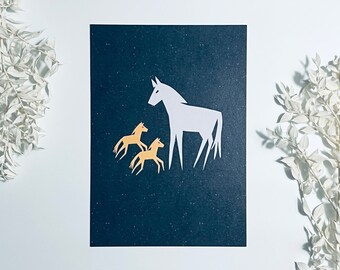 Pferde Feder Kunstdruck Postkarte Zebra Pferd Pony Reh Mond Fohlen Tiere Grußkarte Geschenkkarte Geschenk Hirsch Katze Miau Kätzchen