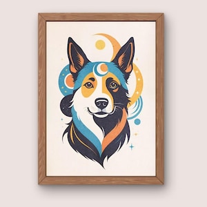 Puede incluir: Una ilustración enmarcada de la cabeza de un perro con un esquema de color azul, naranja y blanco. El perro está rodeado de formas abstractas y estrellas en tonos de amarillo, azul y naranja.