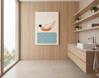 Jump into the Sea – Wooden Picture Minimalist Wall Art in Retro Bath Style | Handmade Art Print on Wood