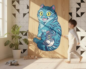Blue Tiger & Three-Eyed Raven – Wood Art Print | Imaginative wall art in modern kawaii style | Handmade art print on wood