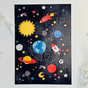 Univers Espace Galaxie Soleil Lune Étoiles Fusée Planètes Pluton Neptune Jupiter Saturne Terre Monde Étoile filante Invitation Félicitations Anniversaire