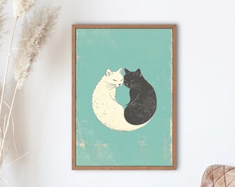 Yin-Yang Cat Illustration – Minimalist Design for Jute Bags, Mugs, Pillows, Posters – Perfect Gift for Cat Lovers