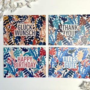 Félicitations Cartes Graphiques Modernes Monstera Feuilles Algues Corail Poisson Vagues Carte Carte Postale Cadeau Art Print Merci Anniversaire Joyeux Anniversaire