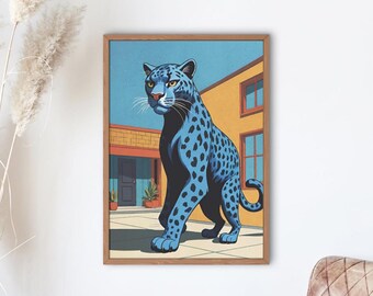 Blue leopard in 50s vintage look – unique print for wall decoration, textile prints and more. digital