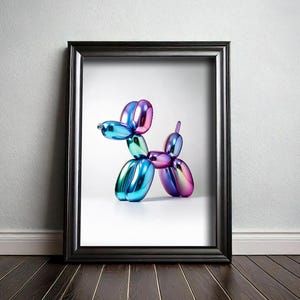 May include: A framed print of a colorful balloon animal sculpture in the shape of a dog. The sculpture is made of iridescent blue, pink, and green balloons.