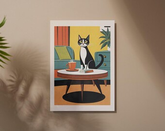 Digital Download Vintage Cat Illustration in the Style of the 50s