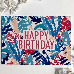 Happy Birthday Karte Modern Grafik Monstera Blätter Algen Korallen Fische Wellen Karte Postkarte Geschenk Kunstdruck Danke Alles Gute