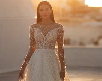 Princess Long illusion Sleeves V neckline Open back Floral Pearl Sequin decorated Chapel train Wedding dress