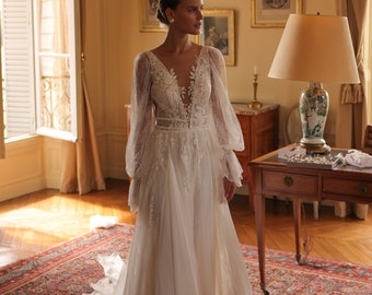 Romantic Light Boho Long puffy sleeves Deep V-neckline Open Back A-line Lace Chiffon Tulle Wedding dress Bridal Gown