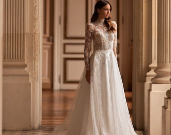 Romantic Long sleeve High neck Button-up Decorated corset A-line skirt with Chapel train Wedding dress