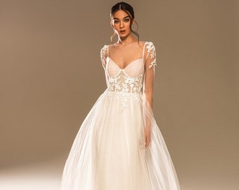 Classic Light Sleeveless Corset Brace Removable tulle cape Floor length Glitter A-line wedding dress