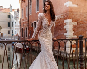 Luxurious Mermaid Fitted silhouette Transparent Long Sleeve Lace Appliques Pearl sequin Embroidered Train wedding dress