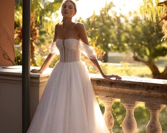 Romantic Off the shoulder Sleeveless Deep V neckline Pearl embroidered Lace-up back A-line Glitter sparkling  court train wedding dress