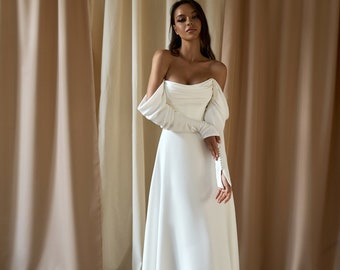 Classic Simple Minimalist Modest Plain Long Sleeve Slit Cuffs Off the shoulder Draped neckline Open back A-line Sweep train Wedding dress