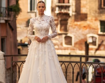 Stunning Floral Long sleeve High Mockneck 3D flower decorated A-line Glitter Chapel train wedding dress