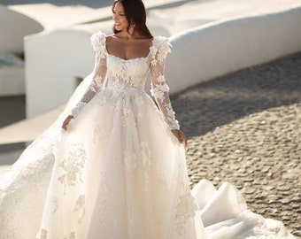 Luxurious Princess Long sleeve Square neckline Open back Puffy shoulders 3D Floral Lace A-line Glitter Cathedral train Tulle wedding dress