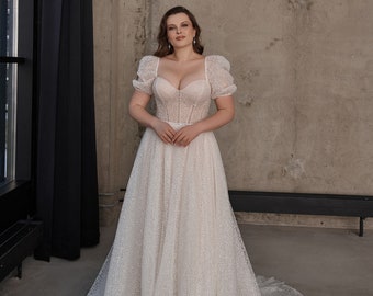 Plus Size Short Sleeve Corset All dotted glitter A-line court train wedding dress