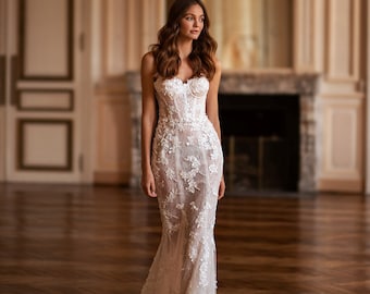 Elegant Fish silhouette Mermaid Sleeveless Sweetheart corset Open back Appliques with sequin Sweep train wedding dress