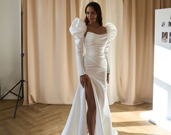 Modern Simple Modest Minimalist Mermaid Fitted Sheath Long Puffy shoulder sleeves Draped neckline Slit skirt Sweep train Plain wedding dress