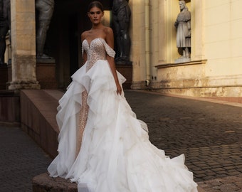 Mermaid sheath fitted Strapless Short off the shoulder sleeves All over pearl sequin beaded Removable cathedral tulle train Wedding dress