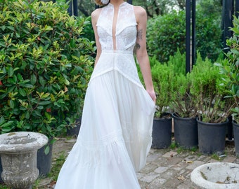 Boho Lace Sleeveless Open Back Light Short train A-line Chiffon Wedding Dress