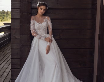 Romantic Long illusion sleeve Polka dot A-line Tulle Lace Sweep train wedding dress Bridal gown