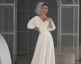 Classic Modern Simple Plain Minimalist Half puffy sleeve Draped V-neckline Court train A-line wedding dress